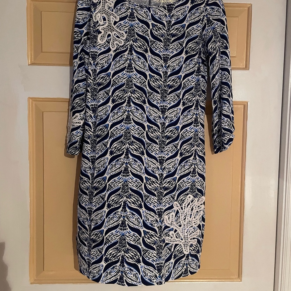 Lilly Pulitzer Blue and White Patterned Long Sleeve Dress